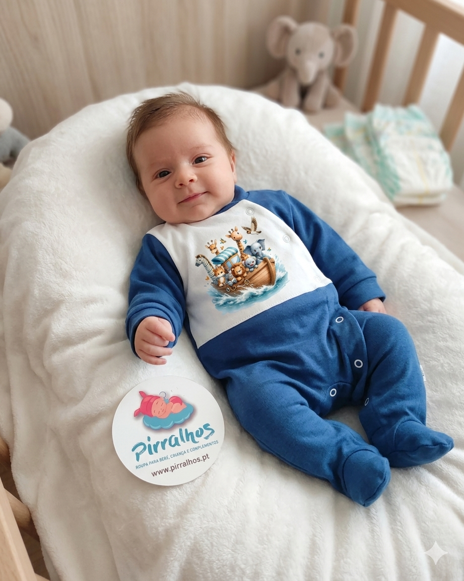 Bebé em fato de pijama azul e branco com estampado de animais em barco, deitado numa almofada branca num berço com peluche e etiqueta promocional.