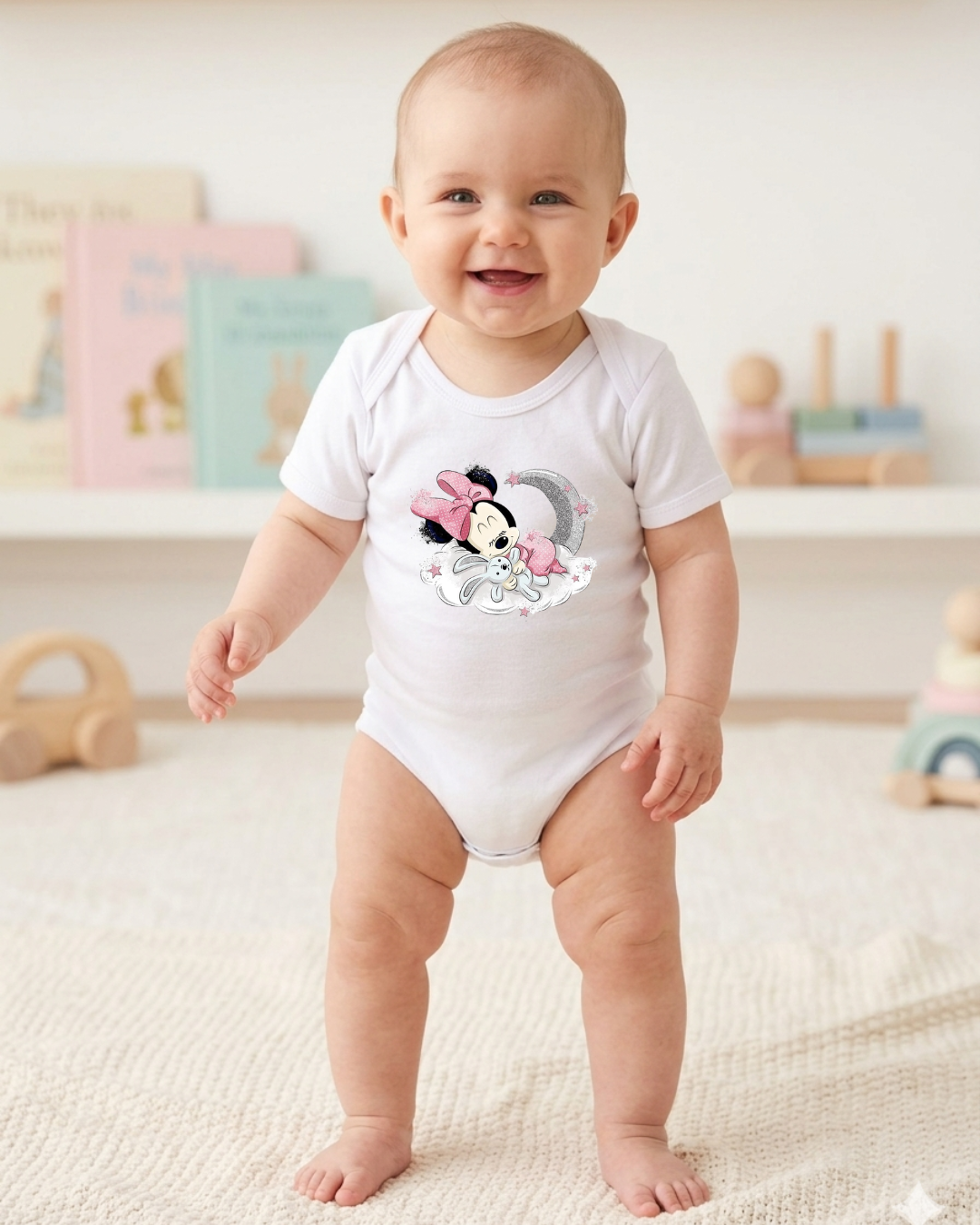 Bebé com body branco estampado com Minnie e brinquedos em fundo claro