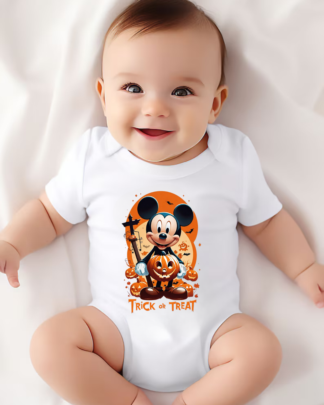 Body de bebé branco com estampa de Mickey Halloween e texto TRICK OR TREAT