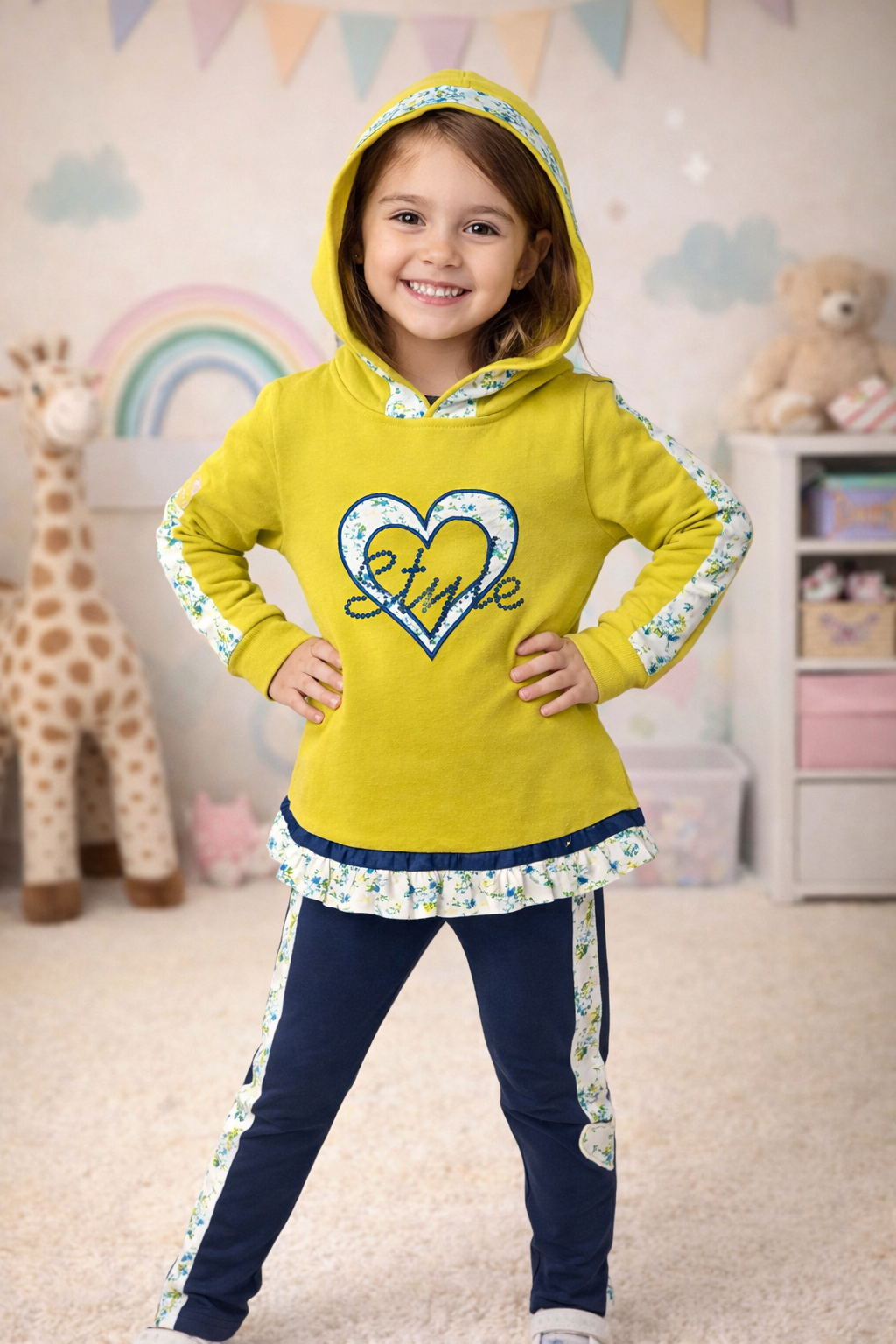 Menina com capuz amarelo e detalhes florais posando em quarto infantil