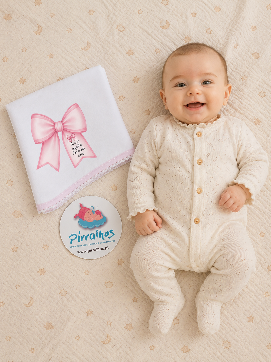 Bebé sorridente de macacão bege ao lado de toalha branca bordada com laço rosa e manta bege com estrelas e luas