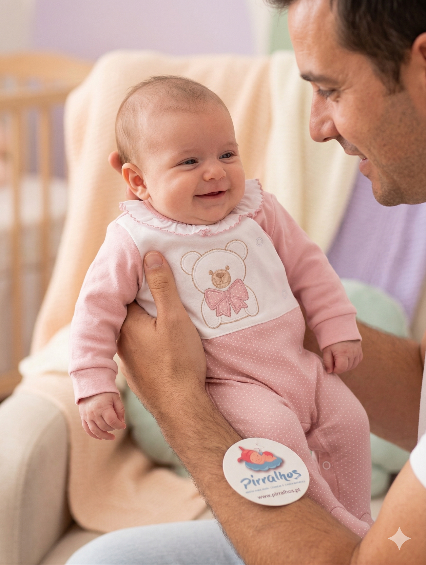 Bebé sorridente com macacão rosa com ursinho bordado segurado por adulto num ambiente interior.