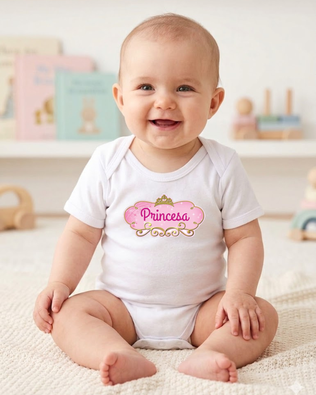 Bebé sentado com body branco estampado Princesa em ambiente acolhedor