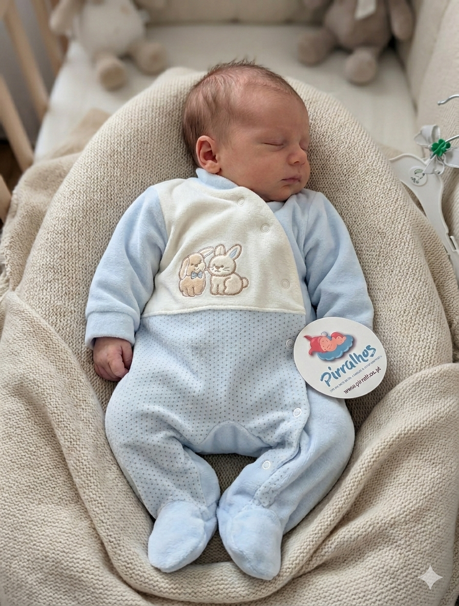 Macacão de bebé azul e branco com coelhinhos bordados, tecido macio, em almofada bege felpuda