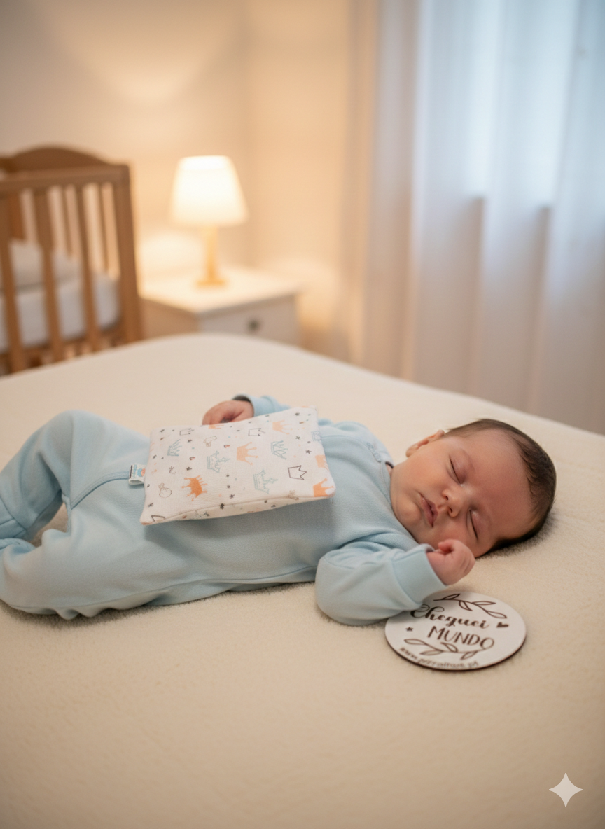 Bebé a dormir com pijama azul e saco térmico estampado de coroas sobre cama creme com placa redonda ao lado