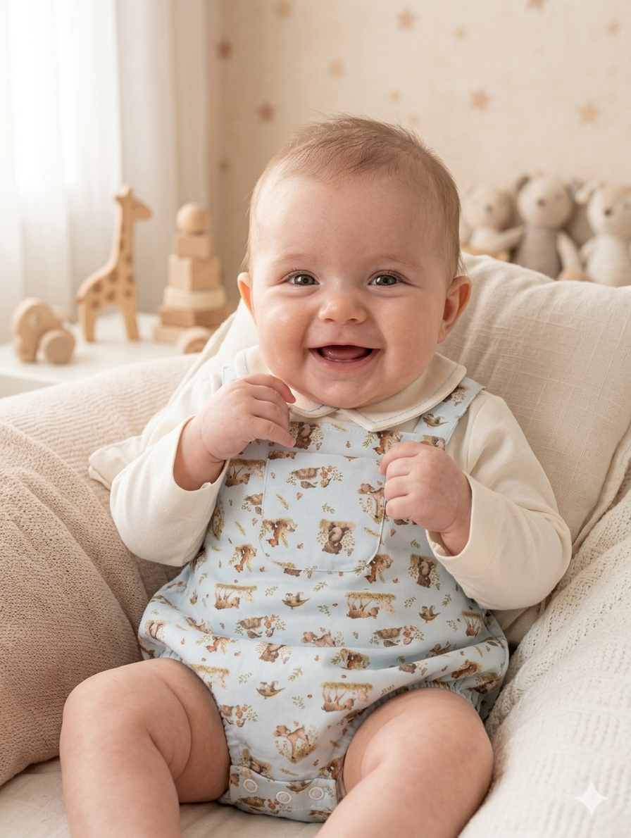 Bebé sorridente com jardineira azul clara estampada e body branco sentado em almofada bege num quarto com brinquedos de madeira e ursinhos.