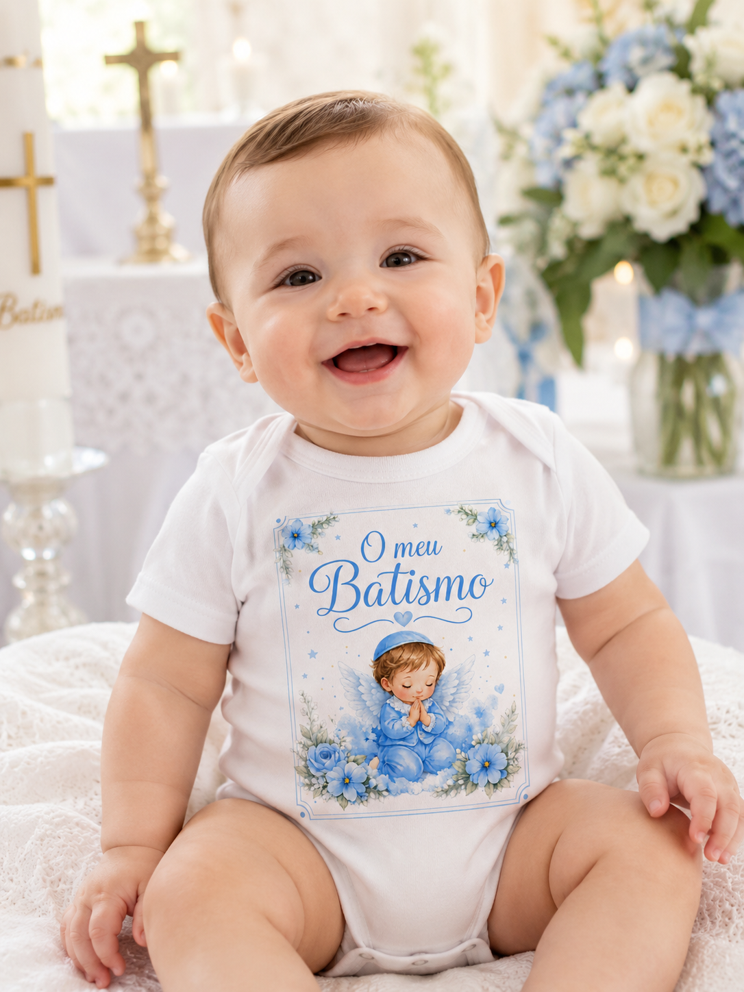 Bebé sorridente com body branco estampado O meu Batismo e anjo azul, em ambiente de batismo com cruzes e flores.