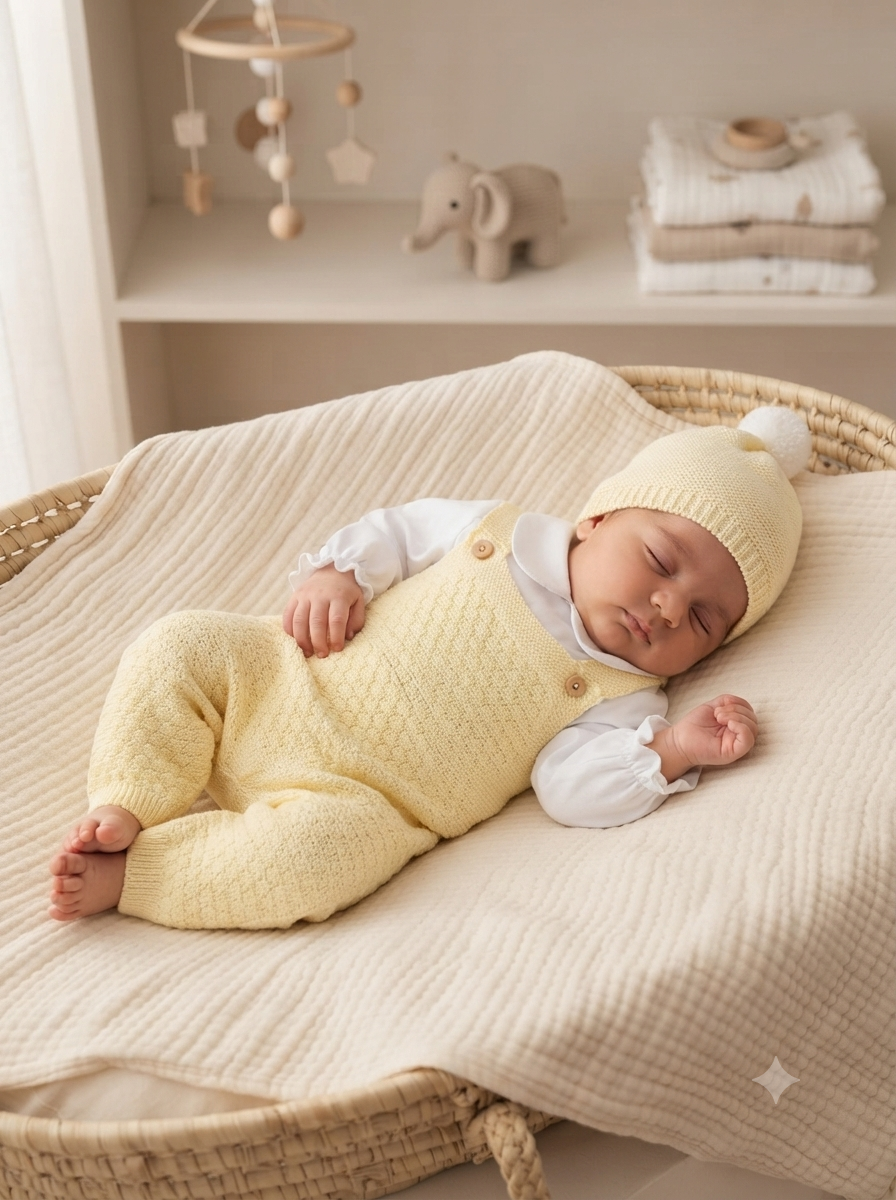 Bebé a dormir com macacão e gorro amarelo claro em berço de vime