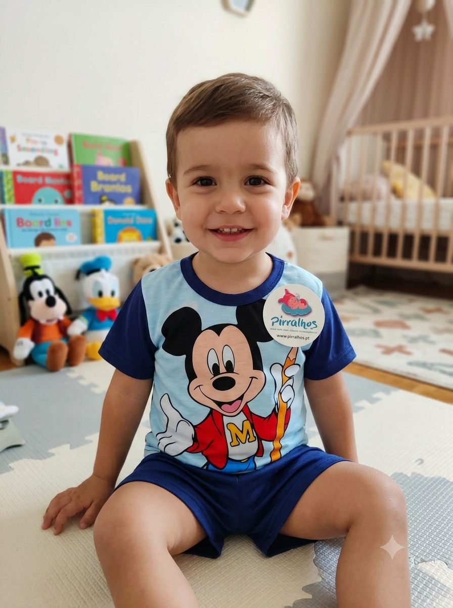 Criança sorridente com roupa azul e estampa do Mickey Mouse sentada em tapete com brinquedos e livros ao fundo