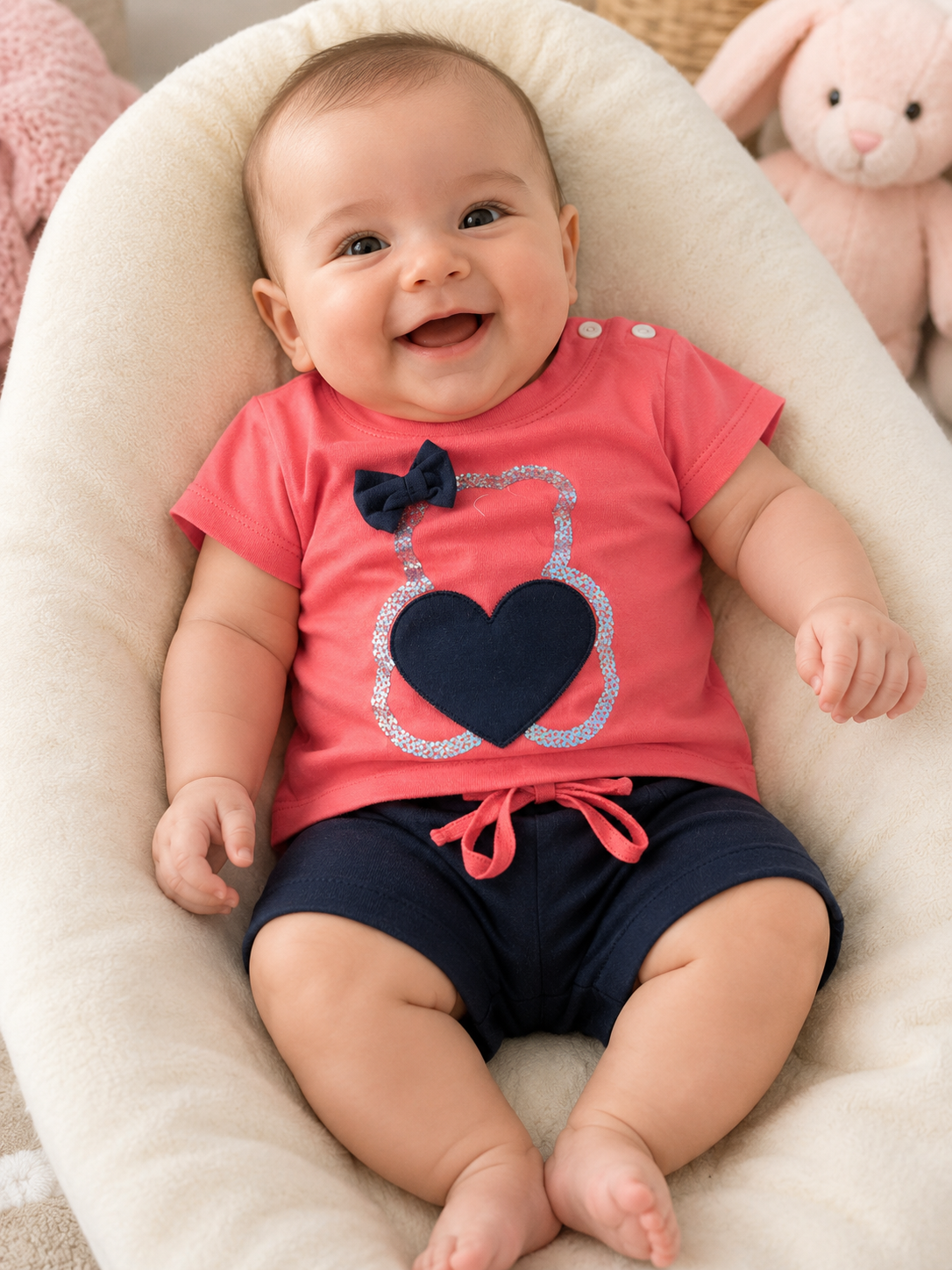 Bebé sorridente com roupa coral e azul sentado numa almofada cremosa com brinquedo de peluche ao lado