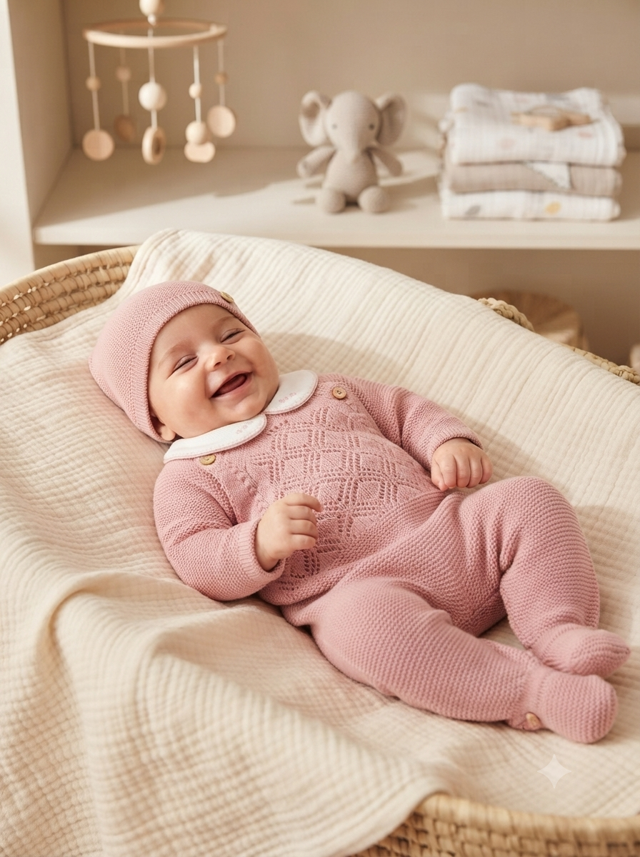 Bebé vestido com fato de malha cor-de-rosa com gola branca, deitado em cesta com manta creme.