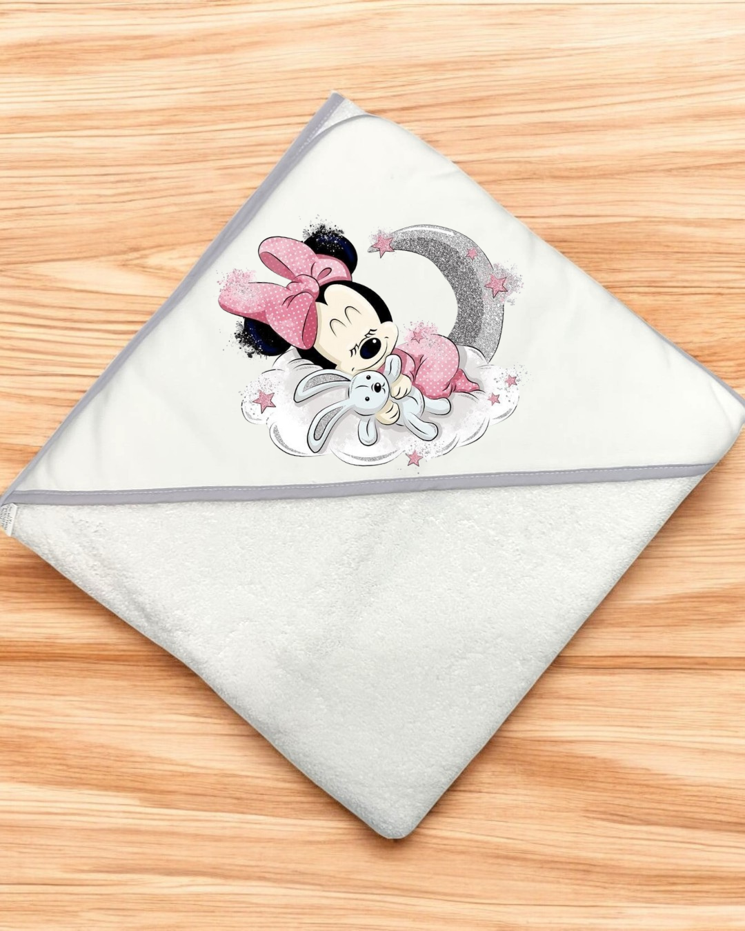 Toalha de banho para bebé branca com capuz e estampa da Minnie a dormir