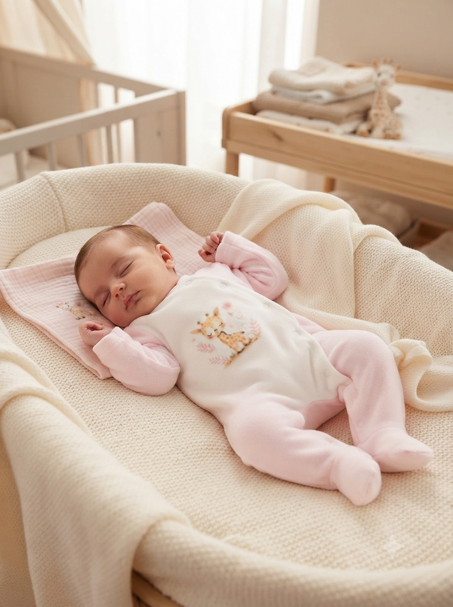 Bebé adormecido com macacão rosa e branco com desenho de girafa numa cama de bebé bege.