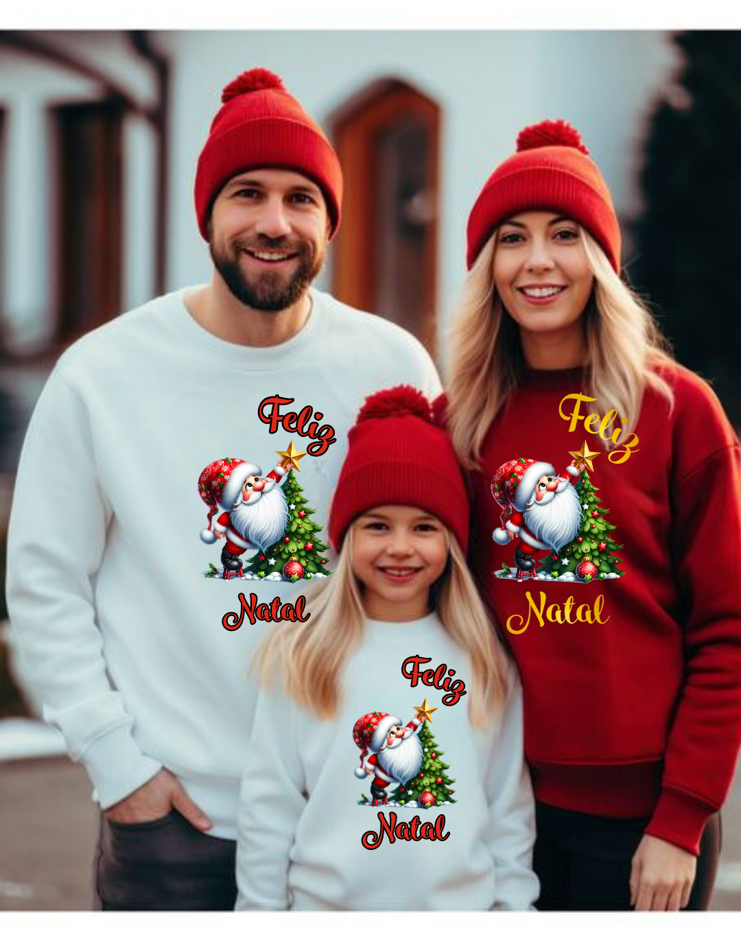 Família vestindo gorros vermelhos e camisolas natalícias brancas e vermelhas com desenho de Papai Noel e texto 'Feliz Natal'