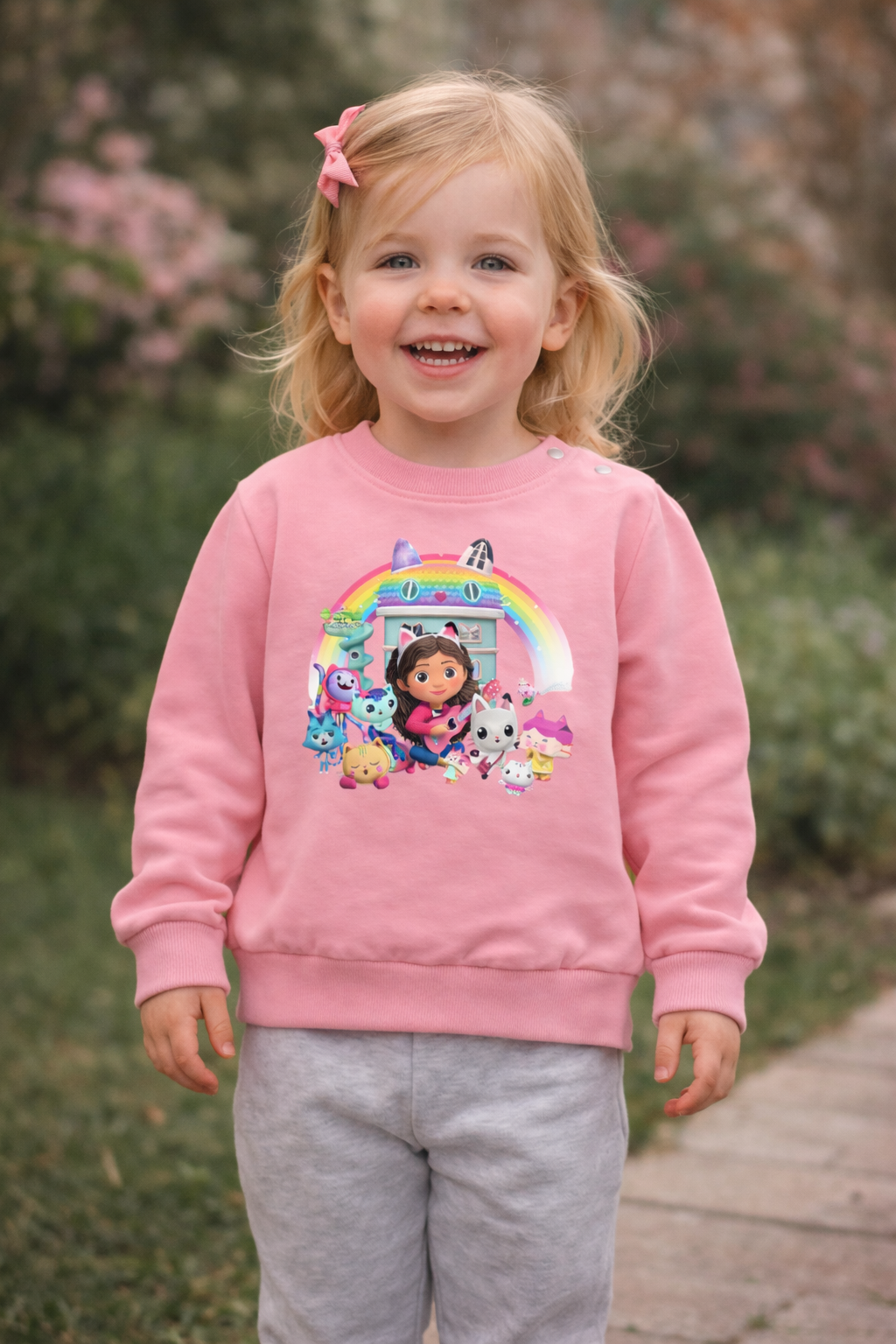 Criança com sweatshirt cor-de-rosa estampada a personagens animados e calças cinza ao ar livre.