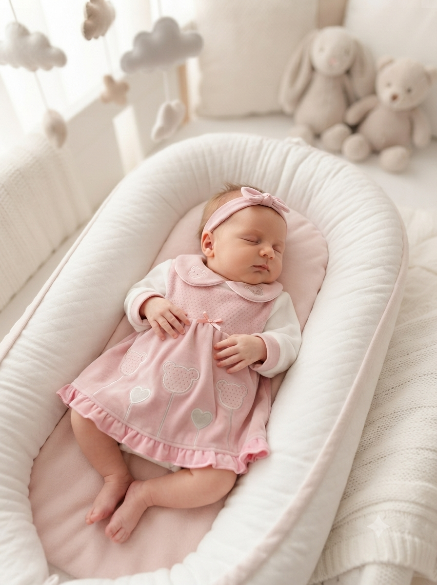 Bebé dorme num ninho branco e rosa com vestido rosa bordado e faixa de cabelo, rodeada de peluches e móbiles de nuvens.