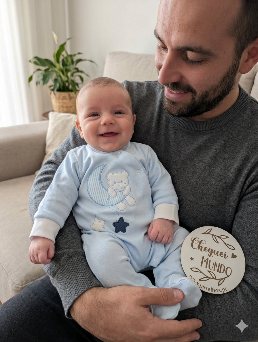 Bebé com fato azul claro com estampado de ursos, lua e estrelas sentado nos braços de adulto com camisola cinzenta em sala com sofá e planta.