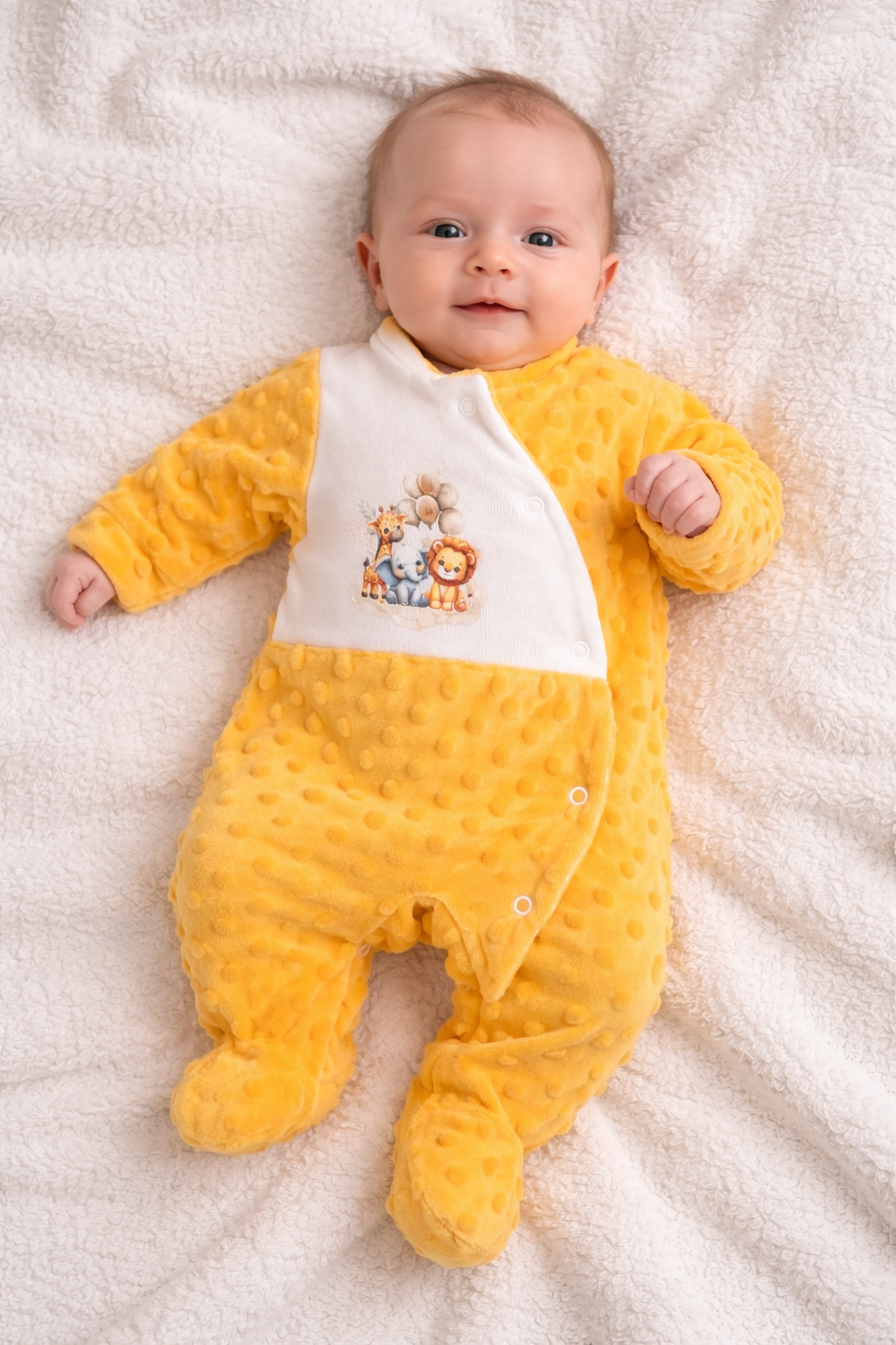 Pijama de bebé amarelo com padrão de bolinhas e estampado de animais sobre manta branca.