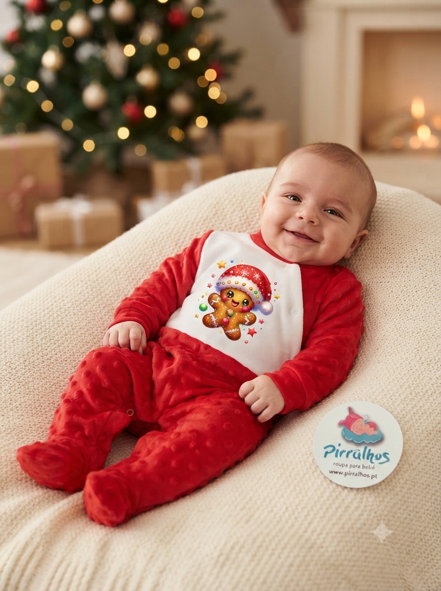 Bebé com fato vermelho estampado sentado numa almofada bege junto a decoração de Natal