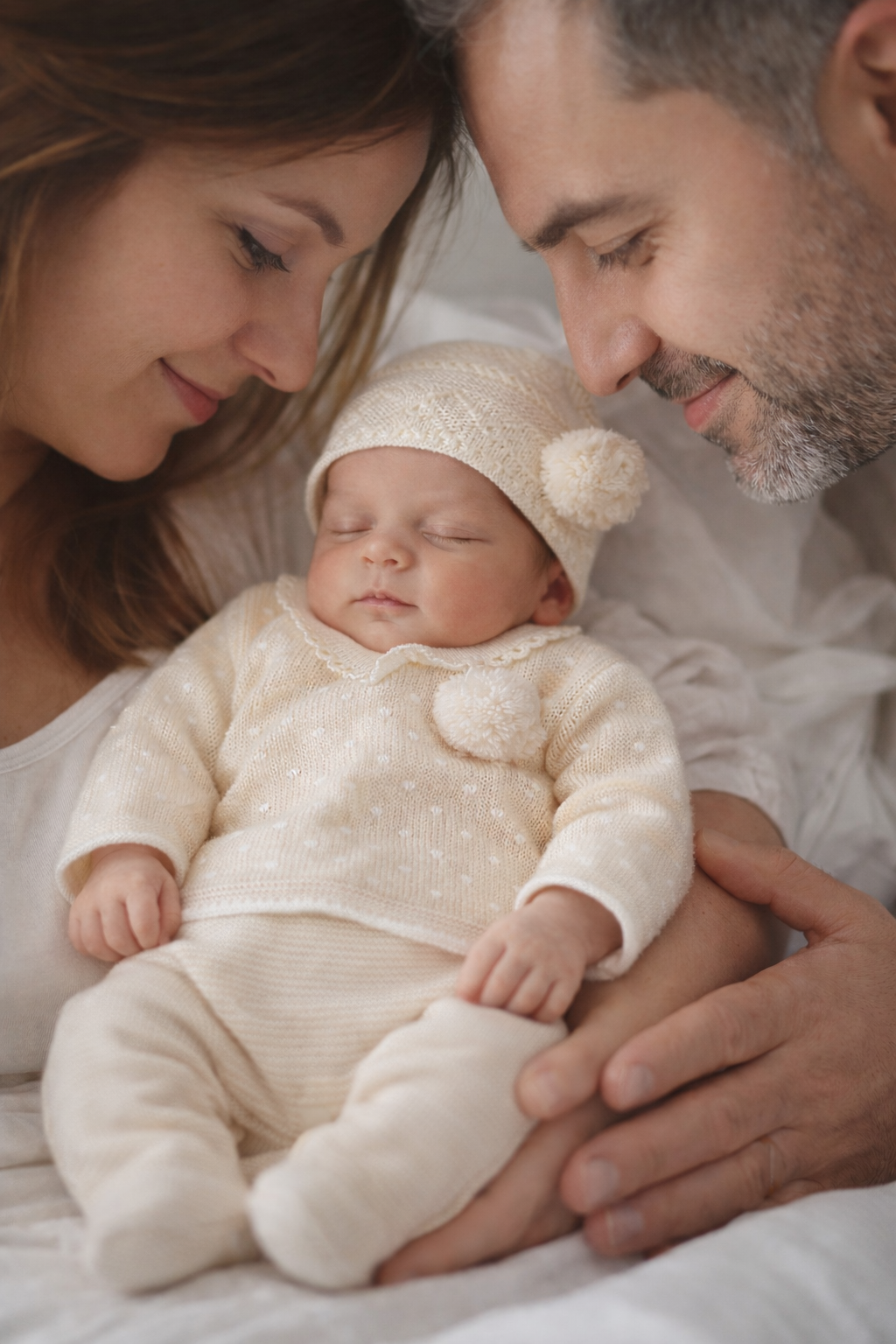 Bebé a dormir com roupa de malha creme com pompons, apoiado pelos pais.