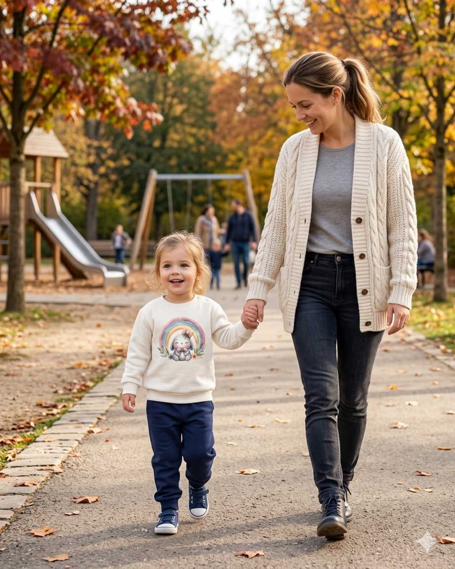 Criança e mulher a passear num parque outonal, vestindo roupa casual de malha e jeans.