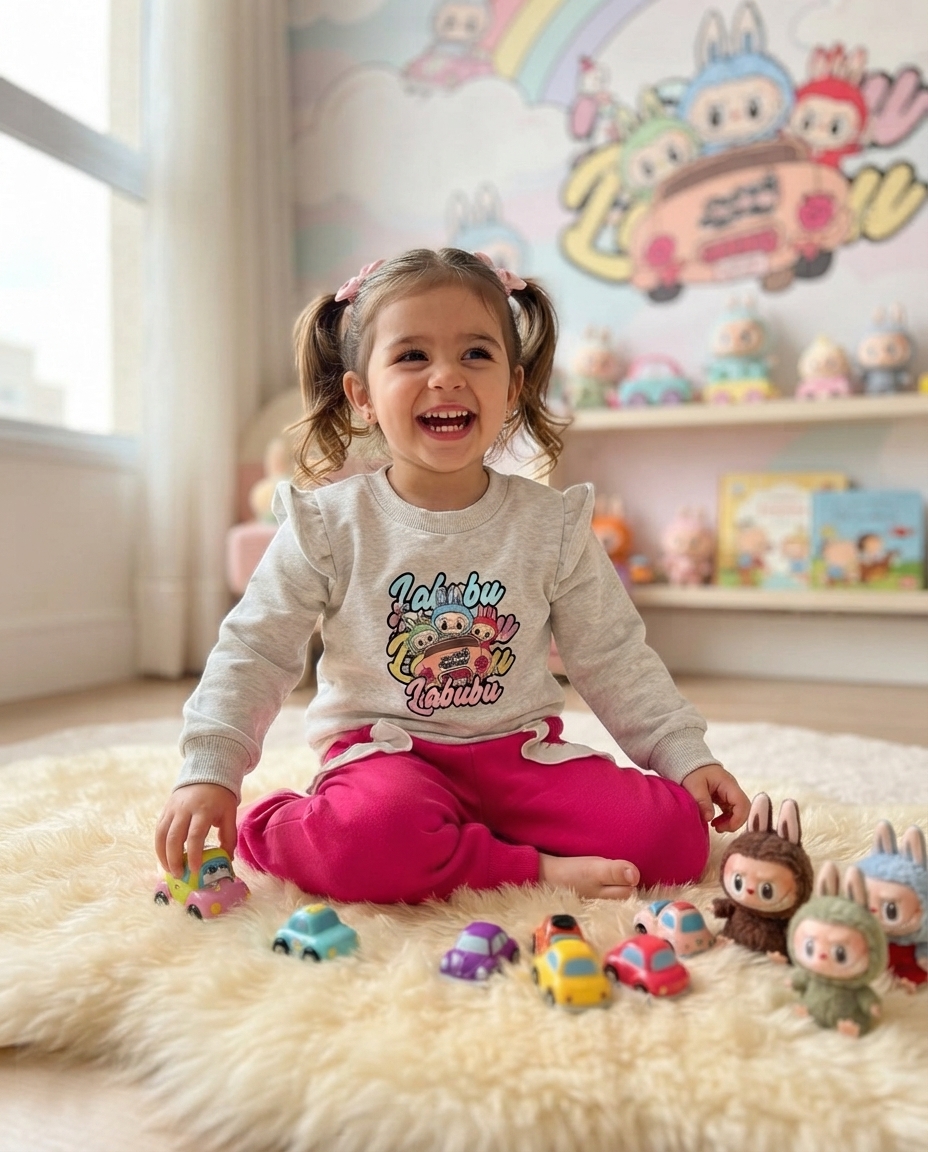 Menina sorridente sentada no chão com roupa colorida a brincar com carrinhos e bonecos num quarto infantil
