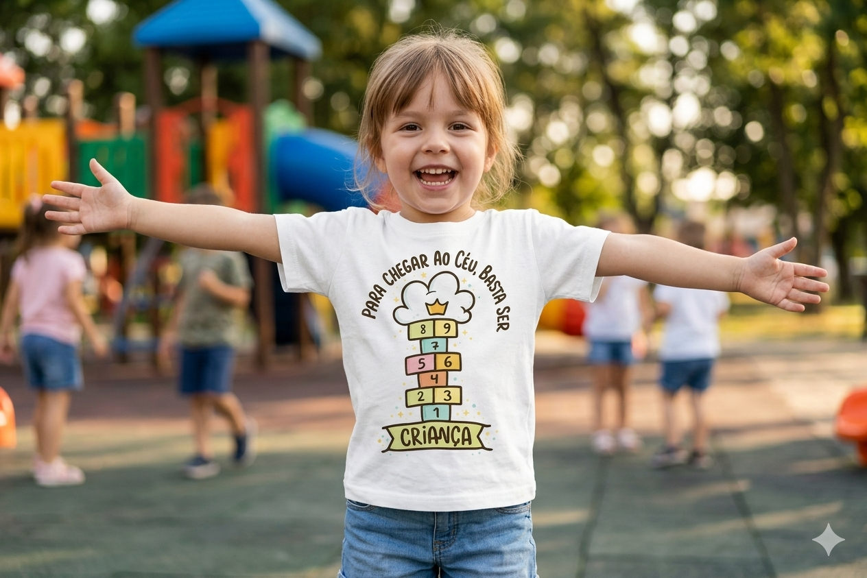 Criança sorridente com camisola branca estampada em parque de diversão