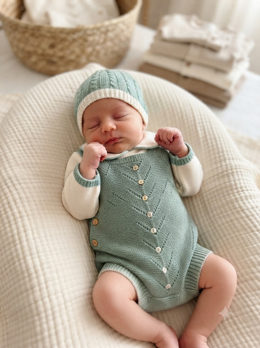 Bebé deitado com roupa de malha verde e creme em colchão bege acolchoado