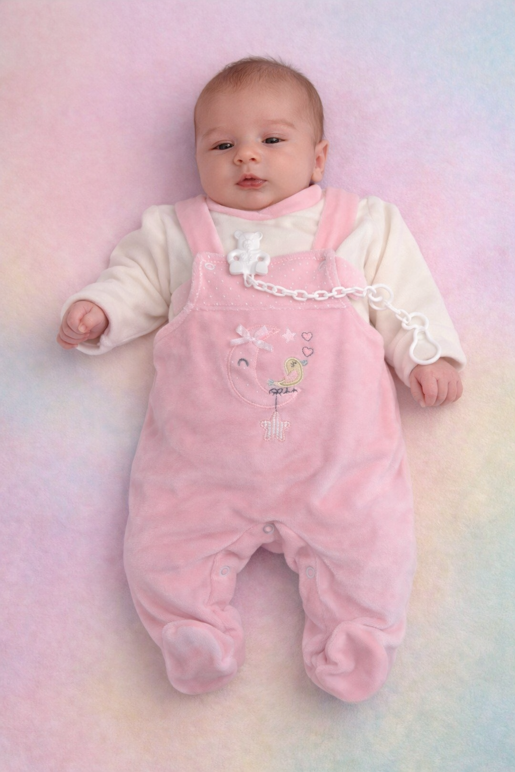 Bebé vestido com macacão rosa aveludado com bordado, chupeta presa com clip branco e cadeia, deitado em superfície macia colorida.
