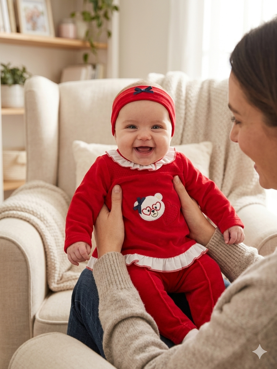 Bebé com roupa vermelha com estampado de urso sentada no colo de mulher em cadeira confortável num interior