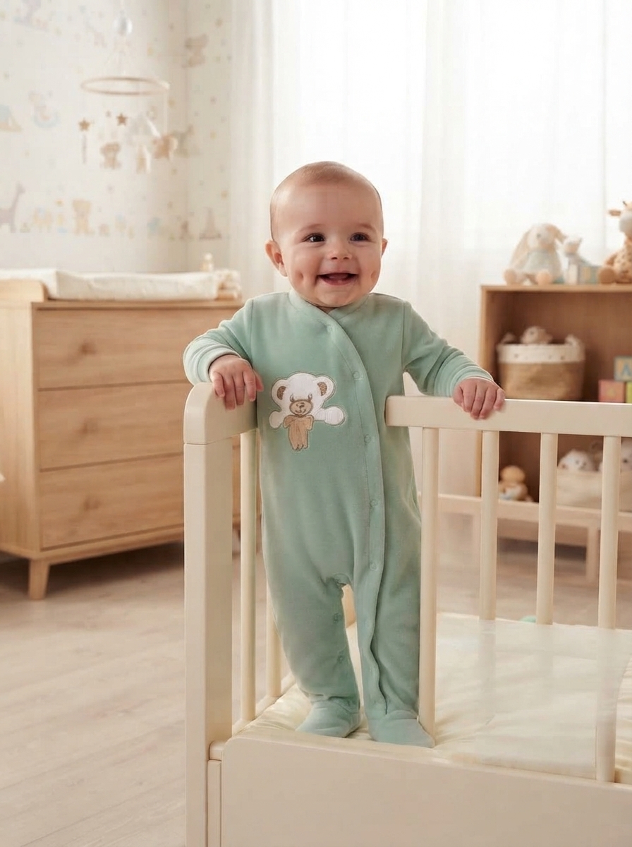 Bebé a usar macacão verde com ursinho no peito de pé dentro de berço de madeira clara num quarto de decoração infantil