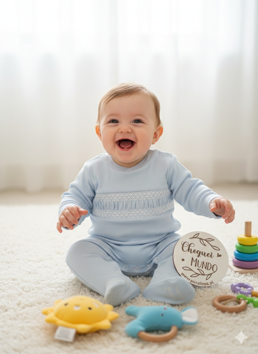 Bebé vestido de azul sentado num tapete com brinquedos coloridos e disco de madeira com texto
