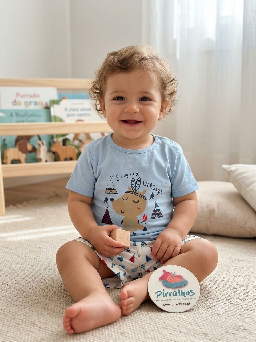 Bebé com t-shirt azul clara e calções estampados a sorrir sentado em tapete