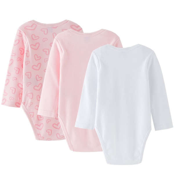 Três bodies de bebé nas cores rosa claro com corações, rosa liso e branco