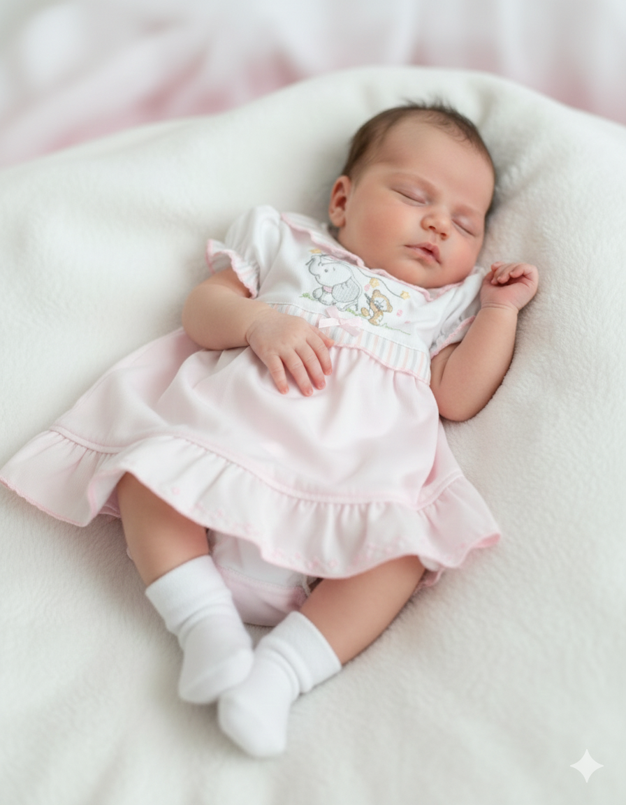 Bebé dormindo com vestido rosa claro e meias brancas sobre manta branca
