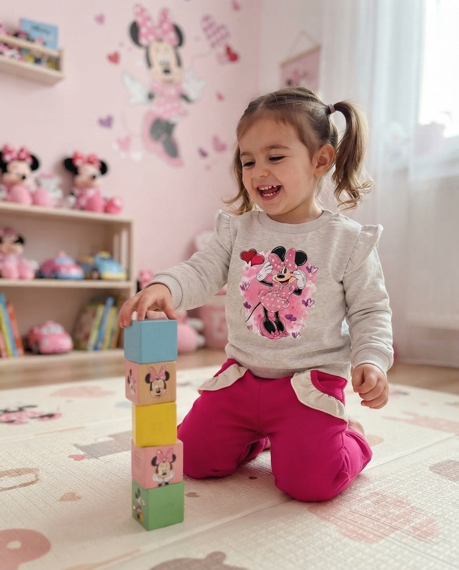 Criança com roupa da Minnie Mouse em ambiente decorado com tema Minnie.