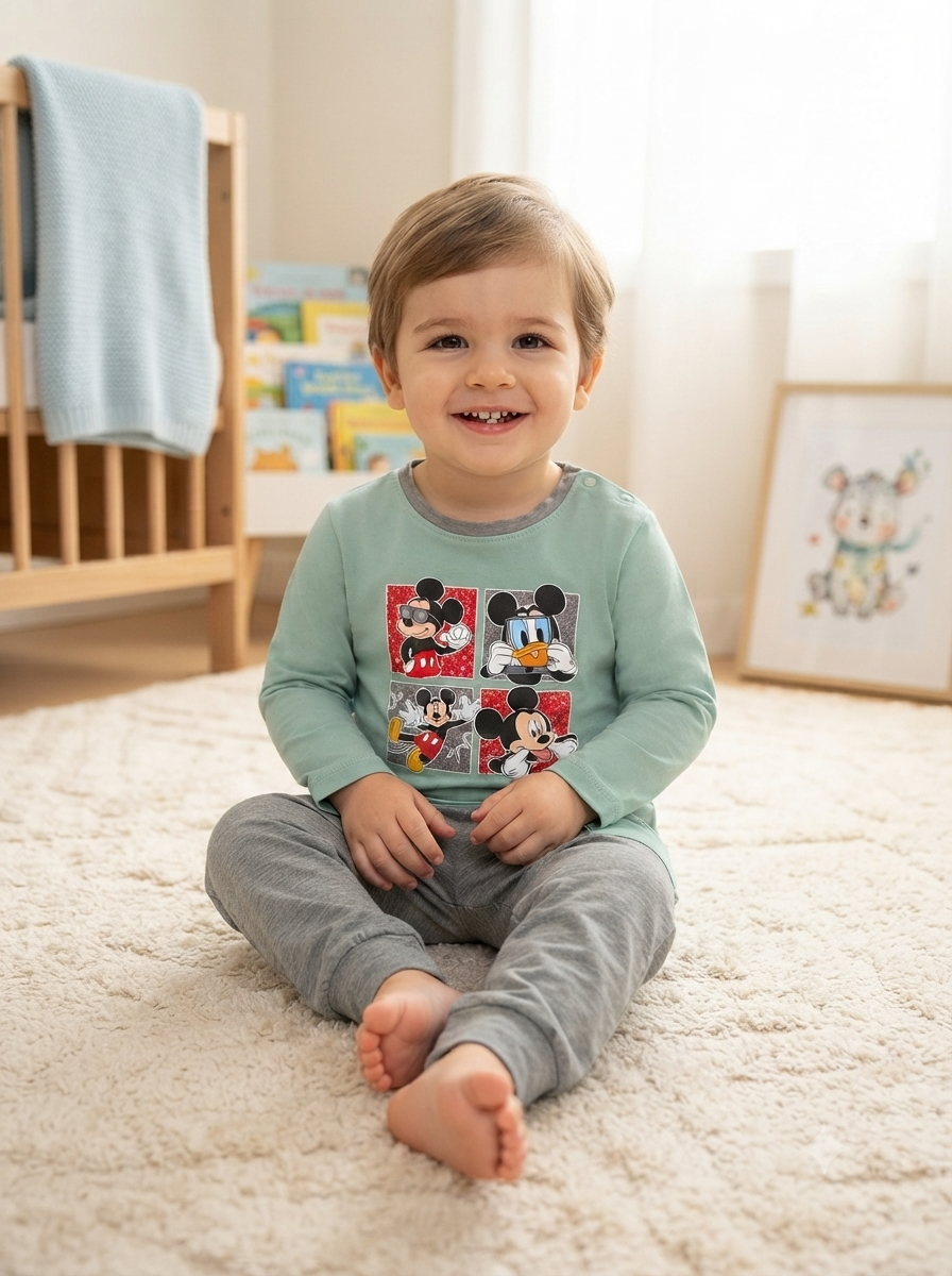 Bebé sentado no chão com camisola verde água com estampado Mickey e calças cinzentas.