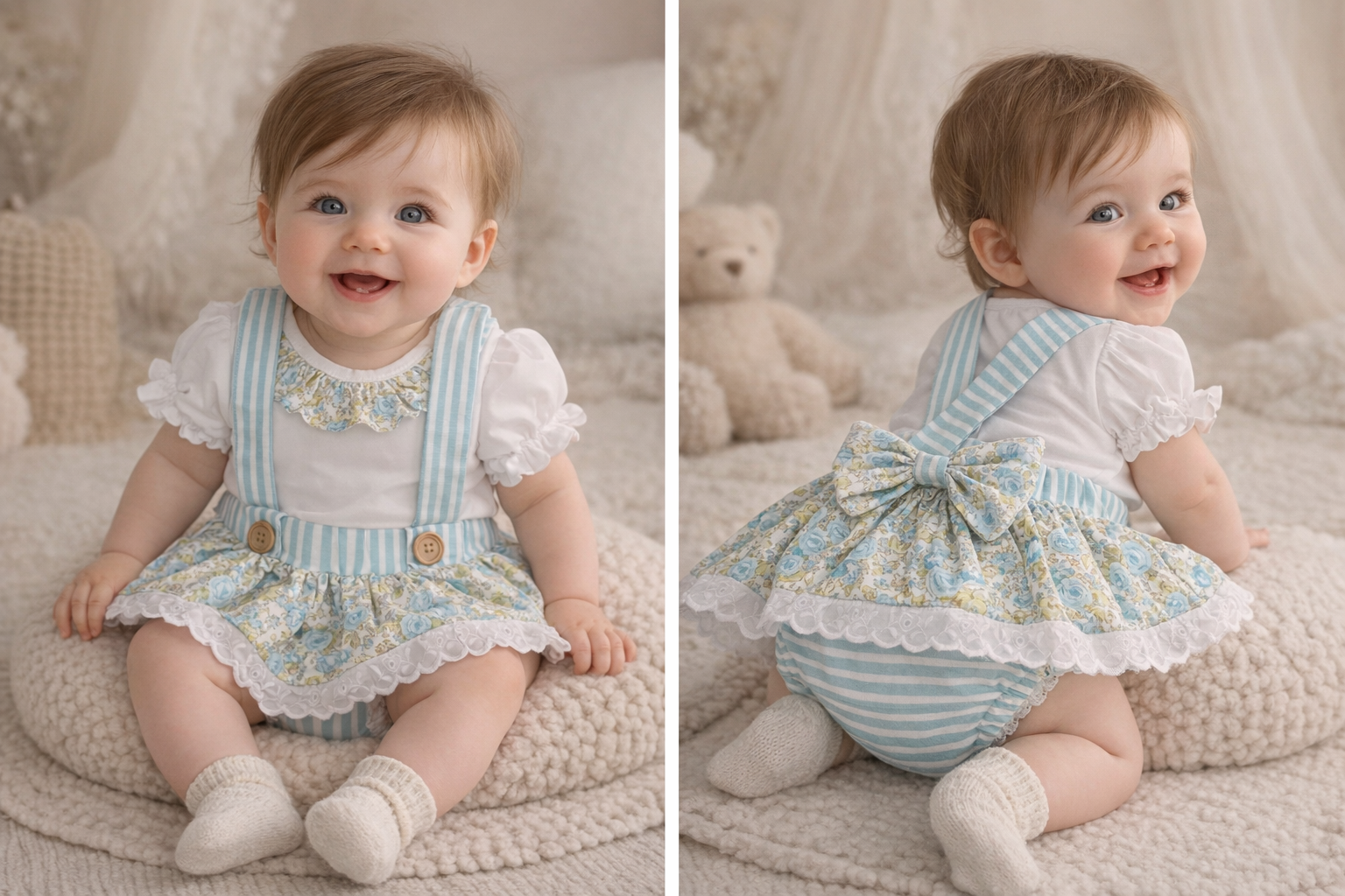 Bebé vestida com roupa azul e branca com padrão floral sentada em fundo acolchoado neutro