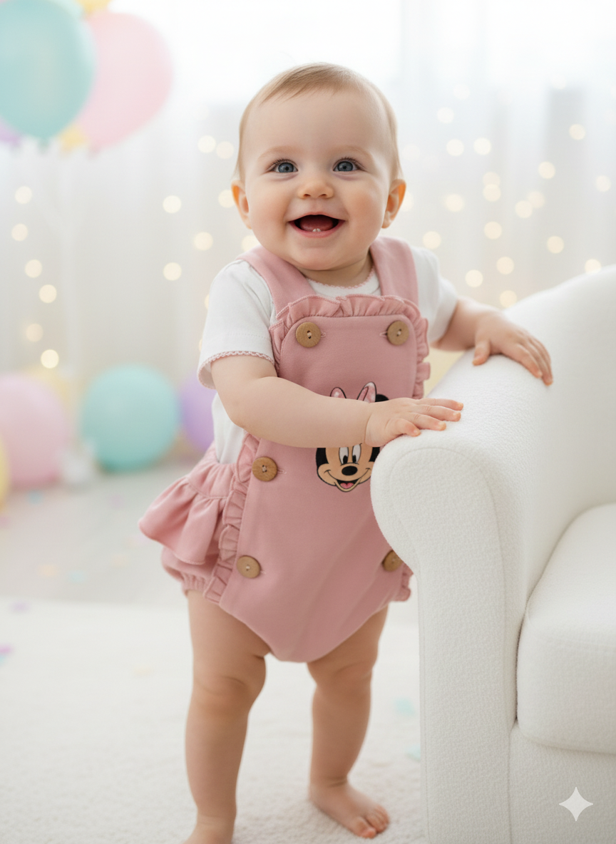 Bebé em macacão rosa com estampa da Minnie e botões de madeira ao lado de um sofá branco