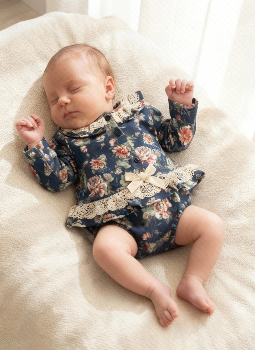Bebé deitado com body floral azul escuro com renda bege