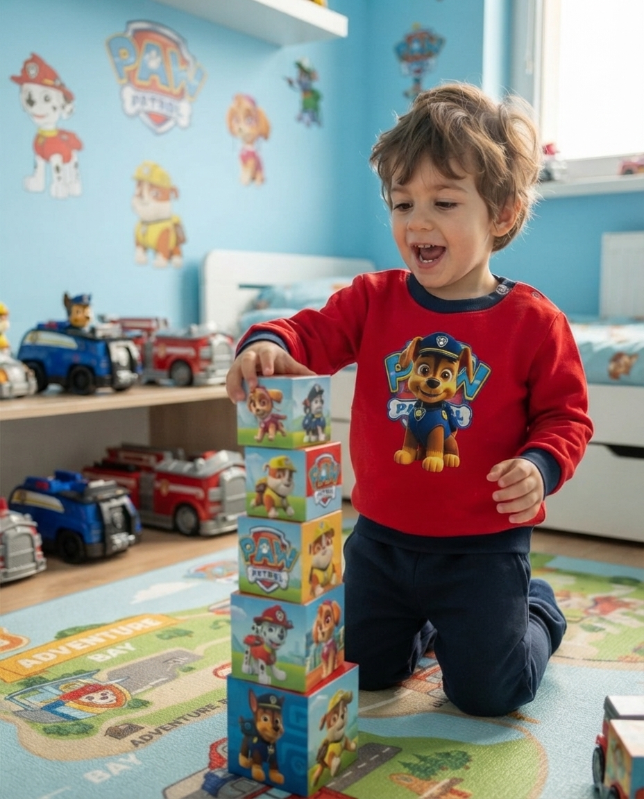 Criança a empilhar cubos coloridos com tema PAW Patrol em quarto azul decorado com personagens da série