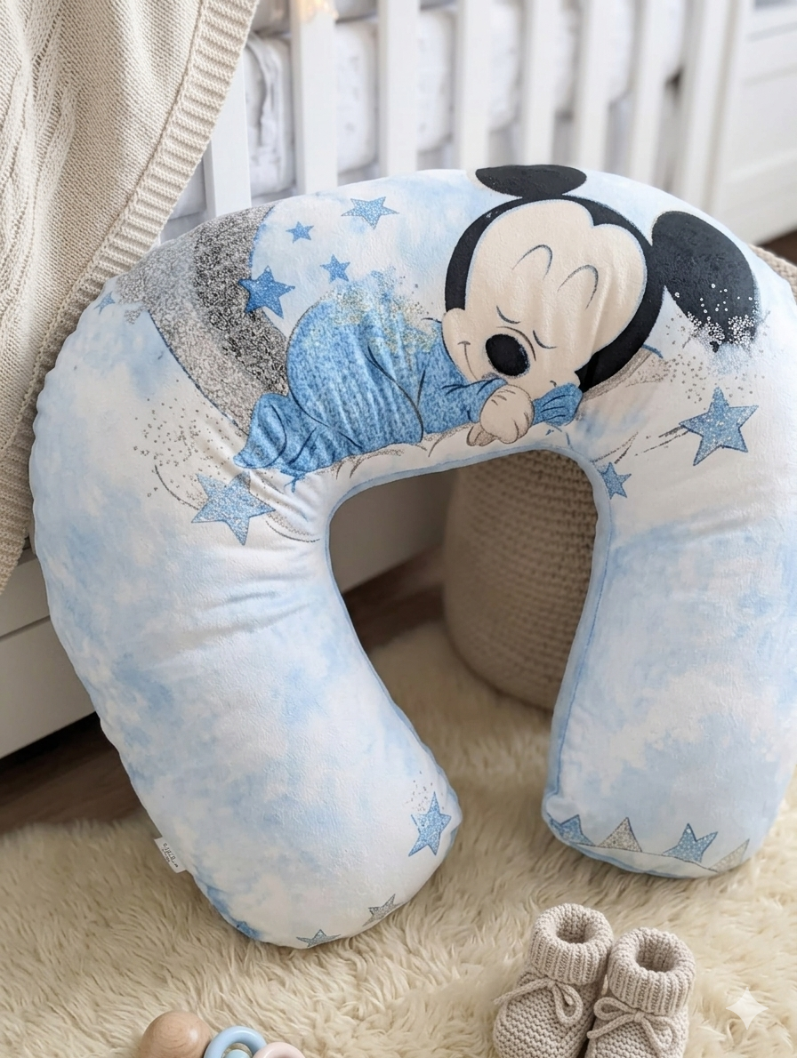 Almofada em forma de U com estampa do Mickey a dormir em tecido macio azul claro e branco