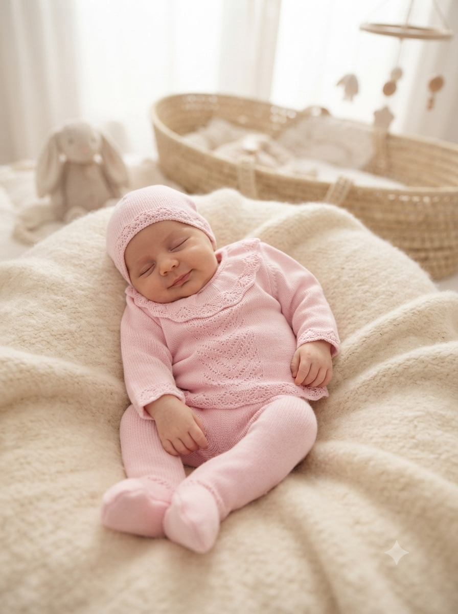 Bebé dormindo em roupa cor-de-rosa em tecido de malha, deitado em almofada creme com berço ao fundo