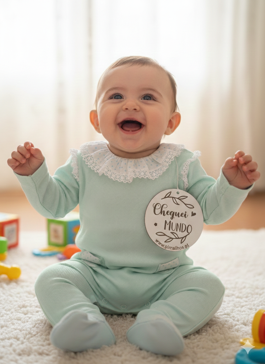 Bebé com fato macaco verde água e gola branca sentada em tapete branco com placa Cheguei MUNDO