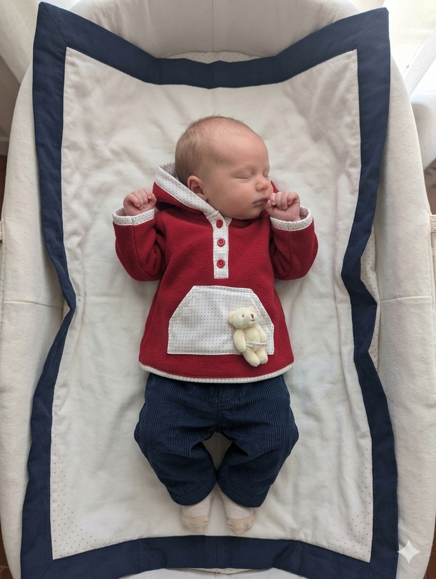 Bebé dormindo vestido com camisa vermelha com bolso e ursinho e calças azuis, deitado em lençol branco com bordas azuis
