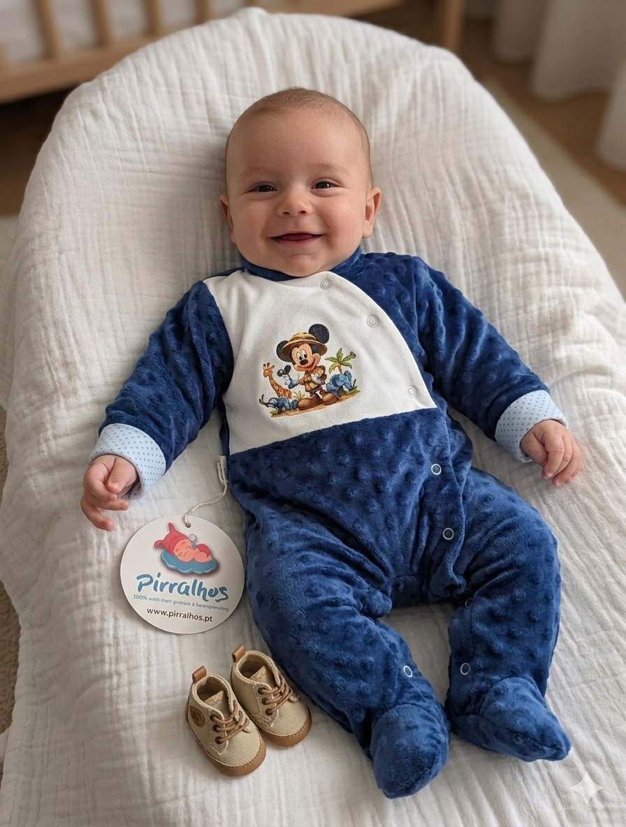 Bebé deitado com macacão azul texturizado com estampa do Mickey e sapatos castanhos ao lado