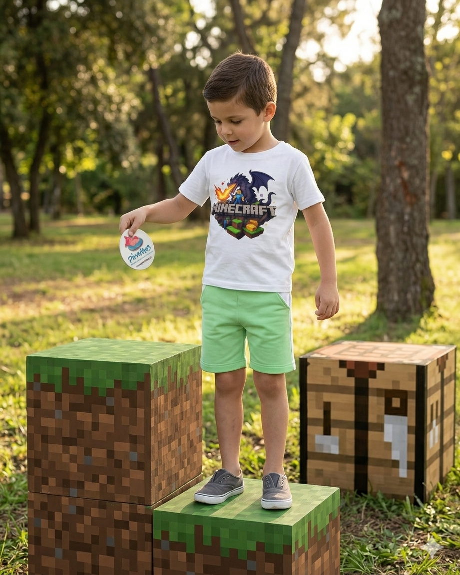 Criança vestida com roupa Minecraft ao ar livre em cubos decorativos pixelizados