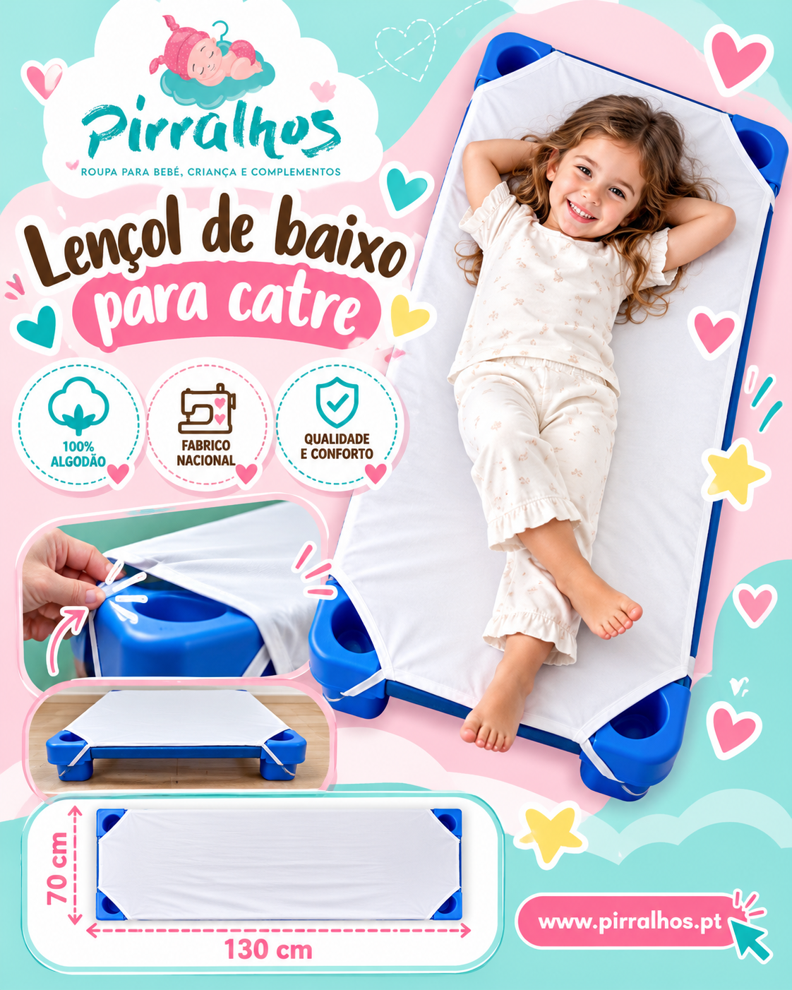 Lençol de baixo branco para catre infantil em catre azul com criança de pijama claro