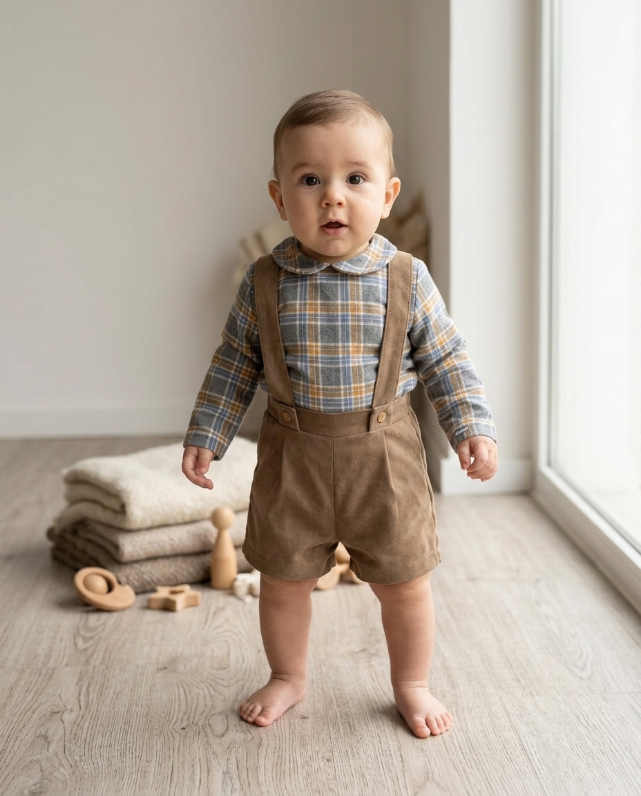 Bebé com camisa xadrez azul e castanha com calções de alças castanhos em quarto com brinquedos de madeira