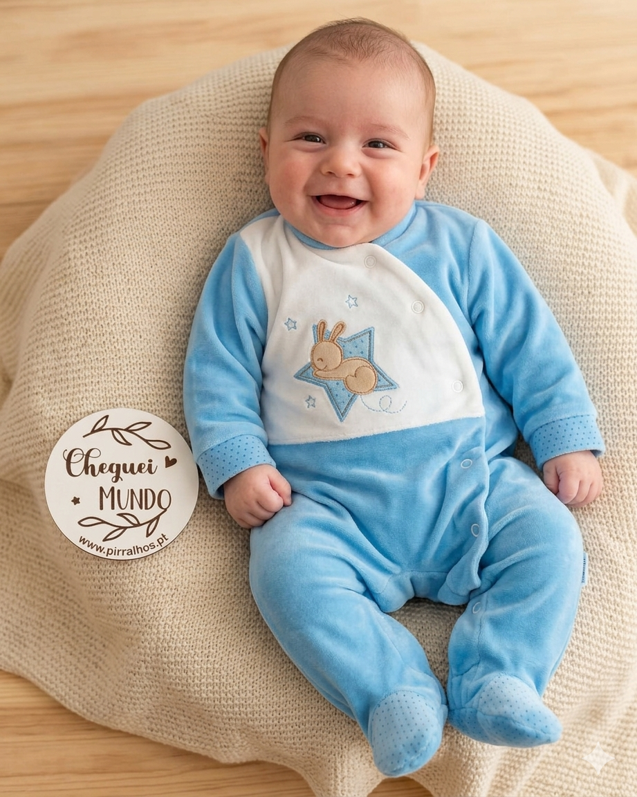 Bebé sorridente vestido com macacão azul e branco com coelho, deitado em manta bege e placa de madeira com texto